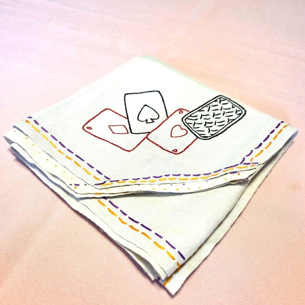 Vtg 1950s Card Table, Hand Embroidered Bridge Gin Rummy Playing Cards Casino